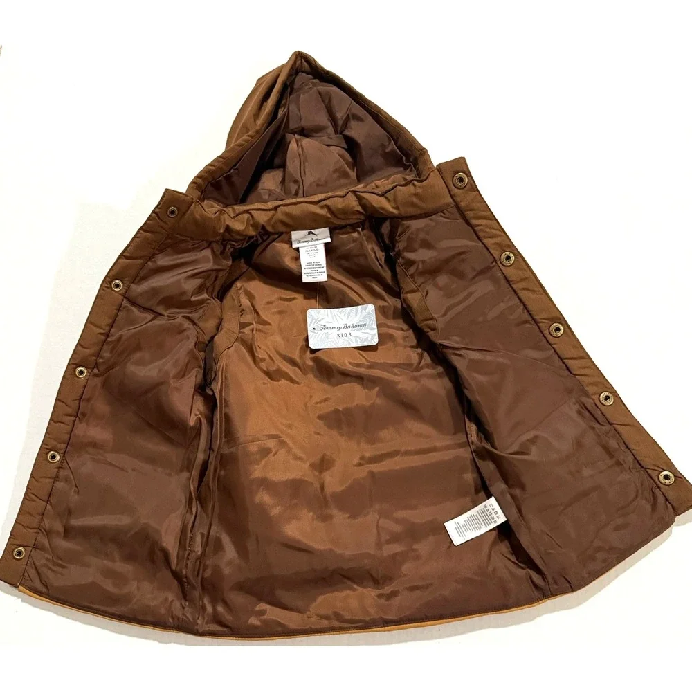 Tommy Bahama Kids Vest Boys S (5/6) Hooded Puffer Snap Buttons Brown Tan